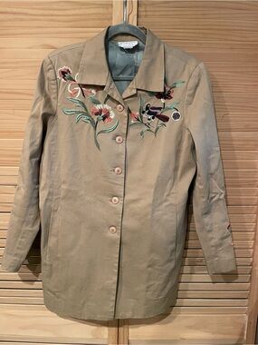 Victor Costa Occasion Tan Trench Coat with Floral & Bird Embroidery